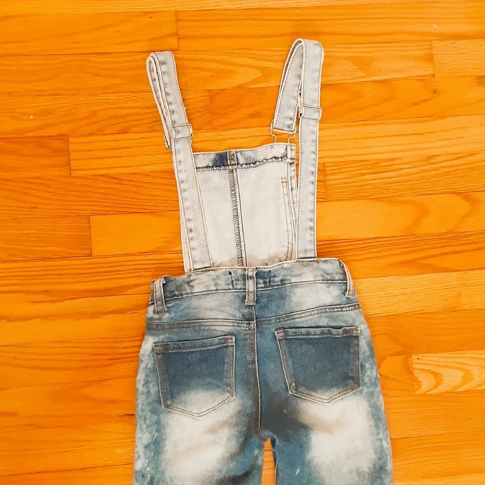 Girl's Acid Washed Denim Overalls Size 7 Distressed Jeans with Pockets
